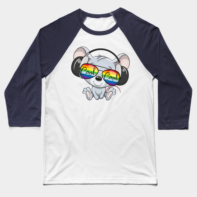 Cute mouse in rainbow sunglasses and headphones. Baseball T-Shirt by Reginast777